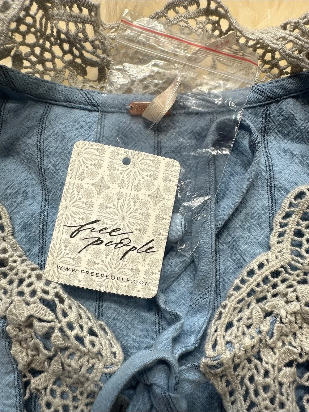 Free People Bali Jude Top Pale Blue Embroidered Lace Tie-Front Blouse - Picture 4 of 10